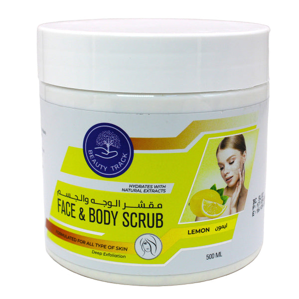 Beauty Track Face and Body Scrub Lemon 500ml  This scrub is designed to gently exfoliate and nourish your skin, leaving it feeling smooth, refreshed, and rejuvenated. Enriched with natural lemon extract.