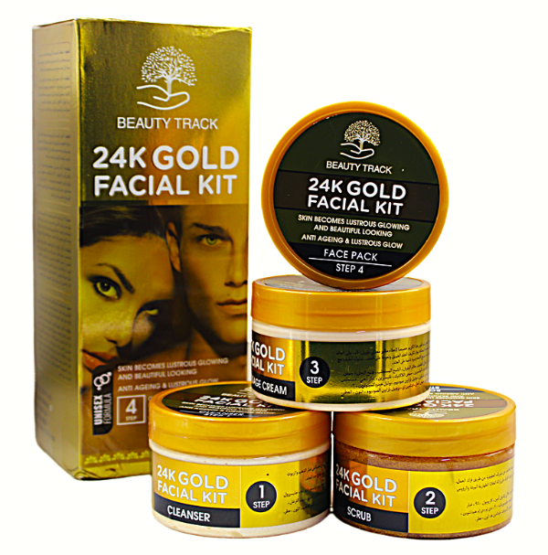 BEAUTY TRACK GOLD FACIAL KIT 1100 GRAMS Unlock luxurious glow with BEAUTY TRACK GOLD KIT This premium kit REJUVENATES, BRIGHTENS, and LEAVES SKIN RADIANT. Experience the value of gold in every touch