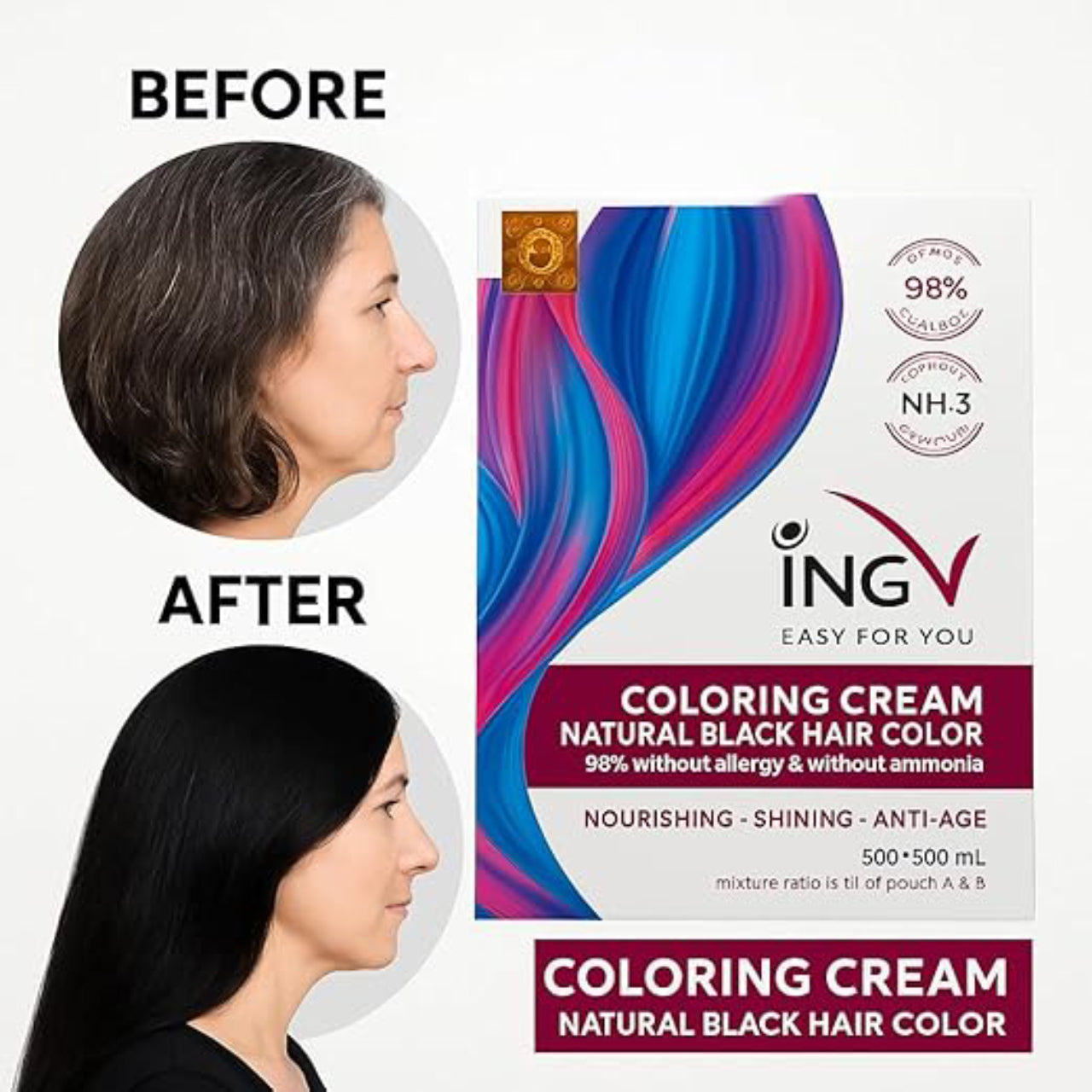 ING Hair Coloring Cream, Natural Black 500ml + 500ml, Dye glow Hair Color, Ammonia free