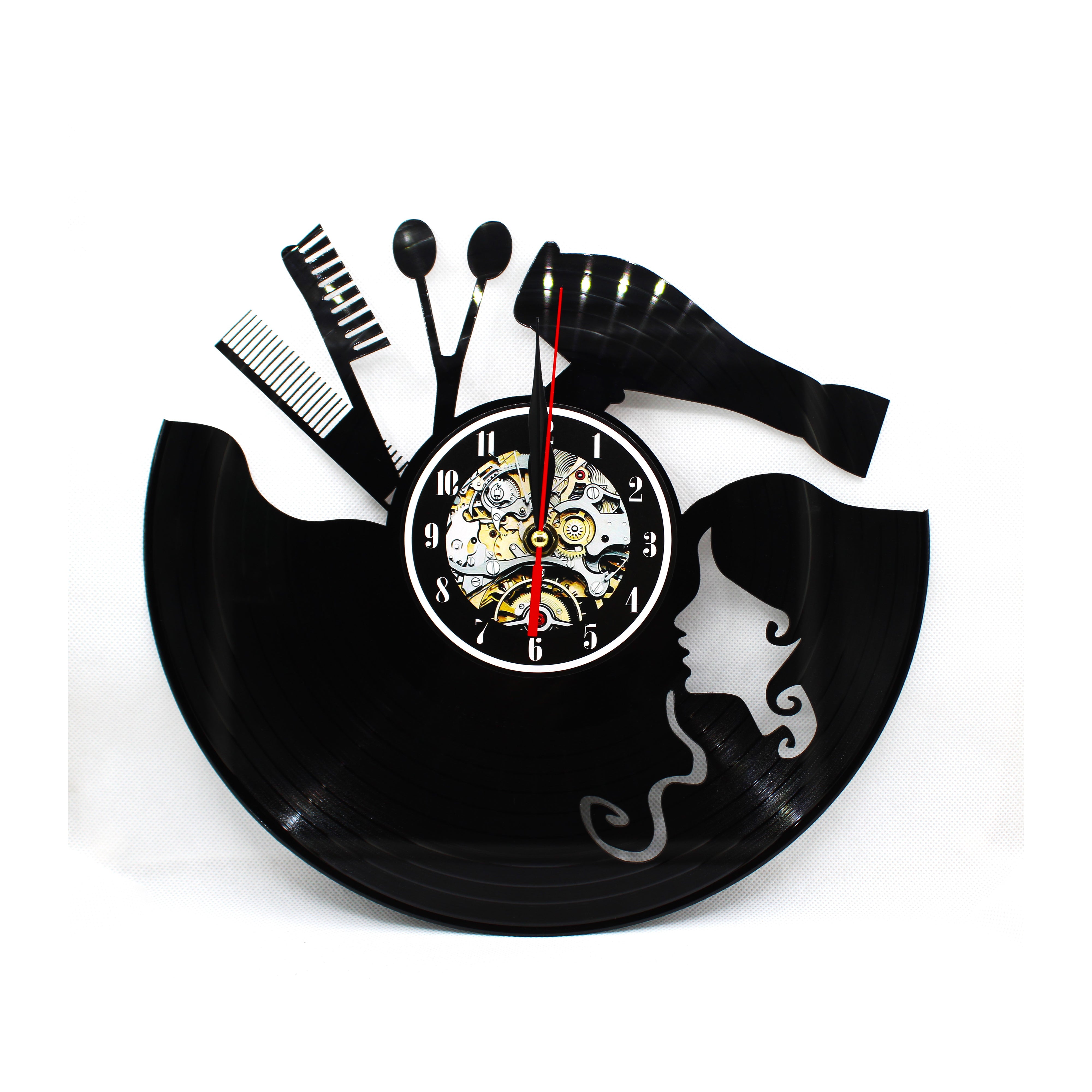 Vinyl Record Wall Clock, Hair Salon Barber Shop Design, Black