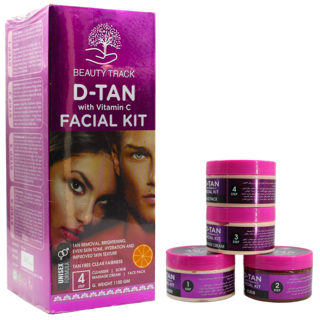Beauty Track D-Tan Facial Kit 1100g is designed to provide a comprehensive skincare solution for removing tan, deep cleansing, skin brightening, and nourishing care.