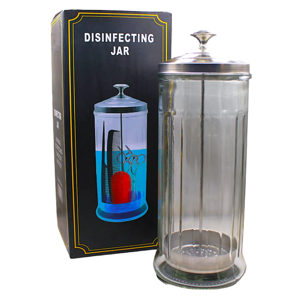 DISINFACTION JAR a practical and hygienic storage solution for sterilizing salon tools like combs, scissors, and razors.