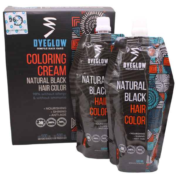 Dyeglow Natural Black Hair Coloring Cream, 500ml + 500ML, Ammonia-Free, Nourishing and Shining